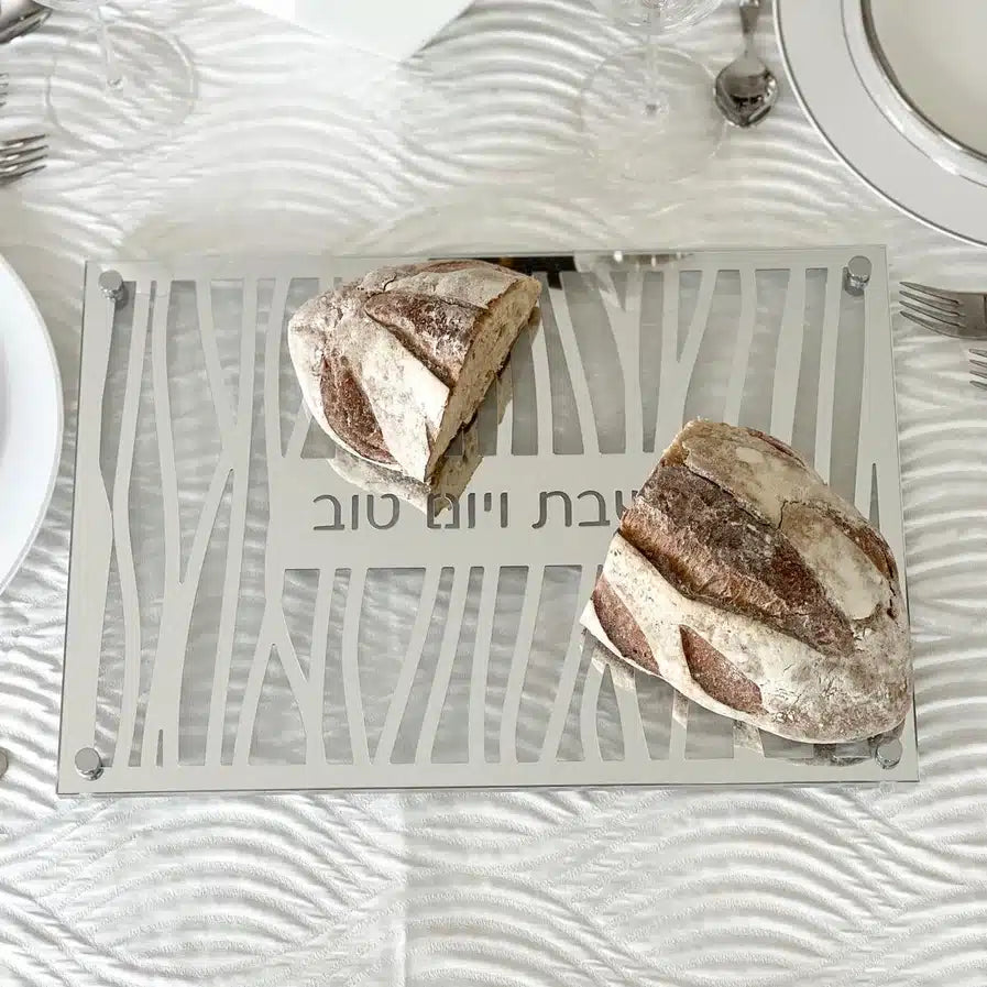 Glass and Mirror Zebra Style Challah Board - Silver image