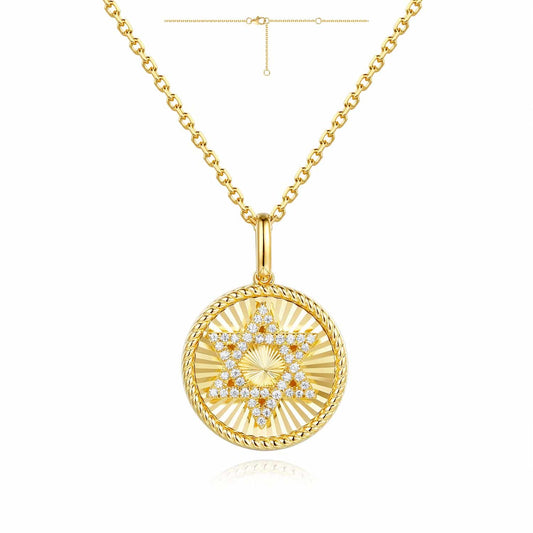 14K Yellow Gold Fluted Round Pendant with Diamond Star of David image 0