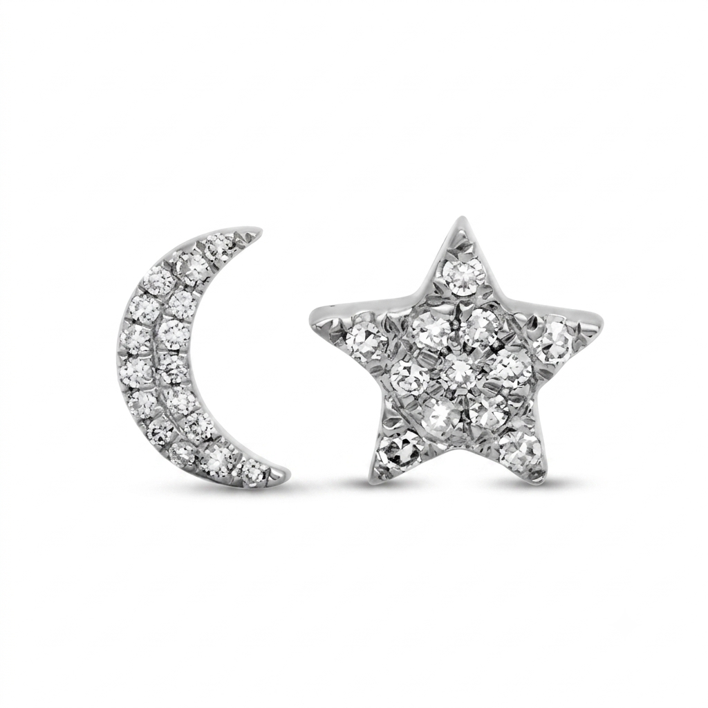 14k White Gold Moon And Star Diamond Earrings
