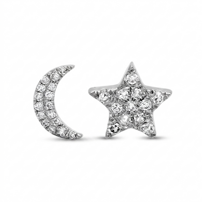 14k White Gold Moon And Star Diamond Earrings