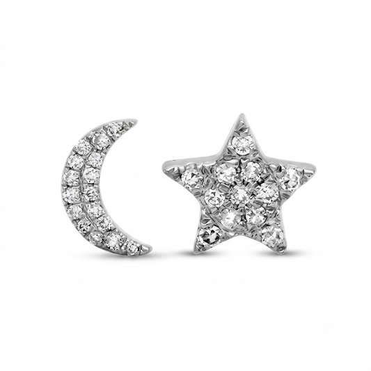 14k White Gold Moon And Star Diamond Earrings