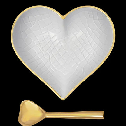 Pattern Heart Dish with Spoon - Croco, White & Gold image