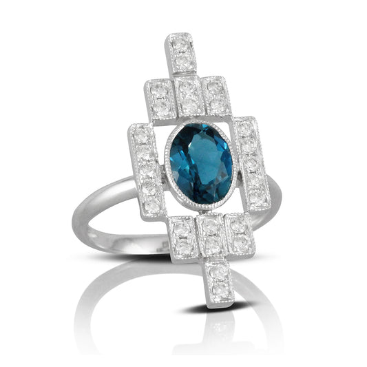 18K Art Deco London Blue Topaz and Diamond Cocktail Ring image 0