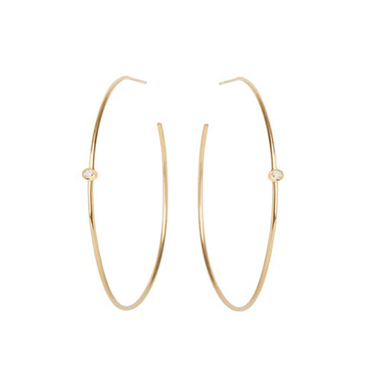 14K Gold Hoops with Bezel Set Diamond image 0