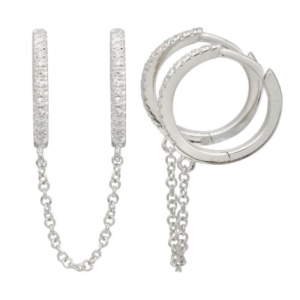 14k White Gold Double Huggie Diamond Chain Earrings / Sold As Pair image 0