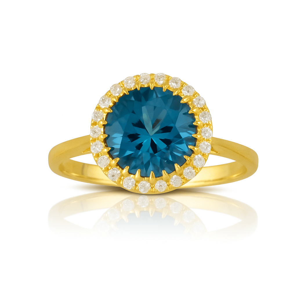 18K Yellow Gold Round London Blue Topaz and Diamond Ring image 0