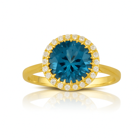18K Yellow Gold Round London Blue Topaz and Diamond Ring image 0