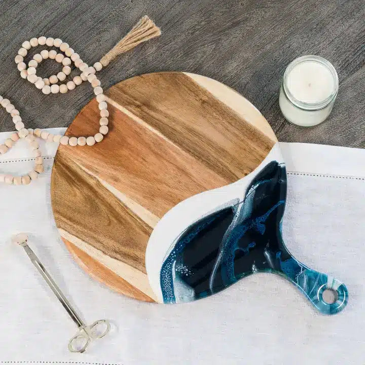 Round Acacia Cheese Paddle Board - Navy White Metallic image