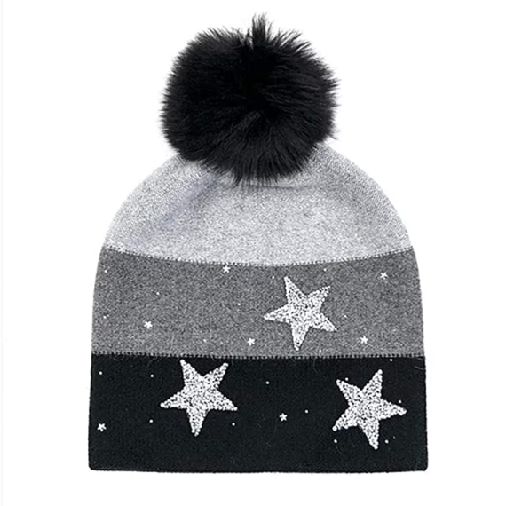 Stars Beanie with Fox Pom Pom image 0
