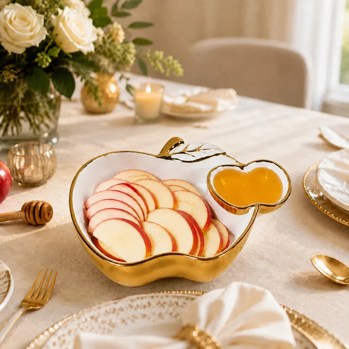 White Porcelain Apple Dish with Gold Edge