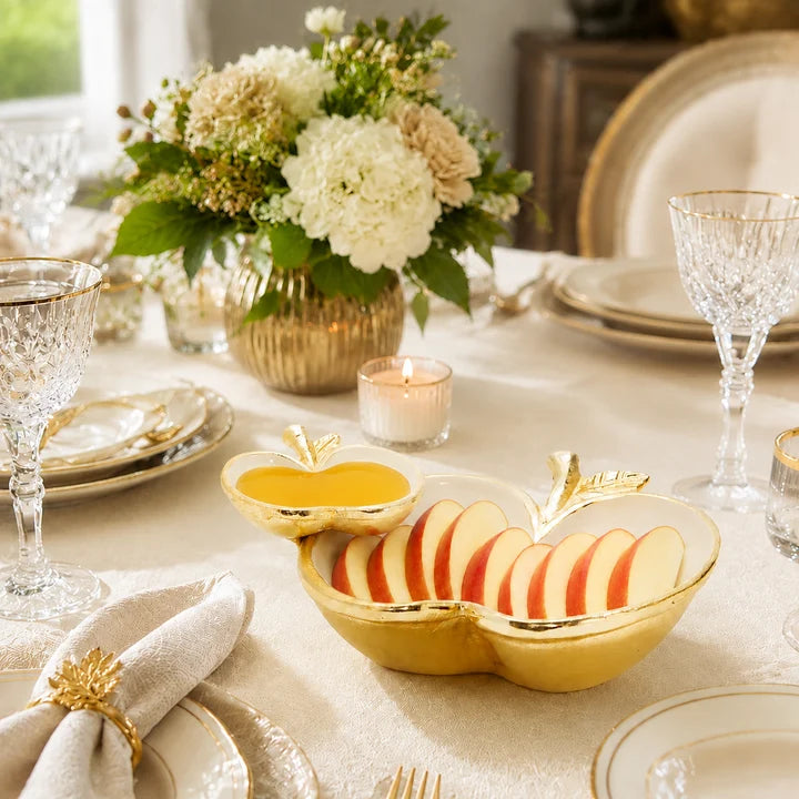 Two Apple Dish White with Gold