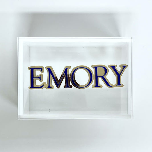 Framed artwork with 'EMORY' in blue