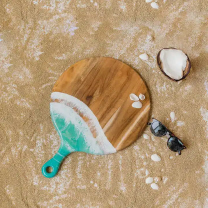 Round Acacia Cheese Paddle Board - Caribbean Blue image