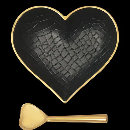 Pattern Heart Dish with Spoon - Croco, Black & Gold image