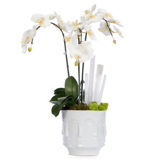 Orchids & Selenite in Ceramic Face Vase - White image