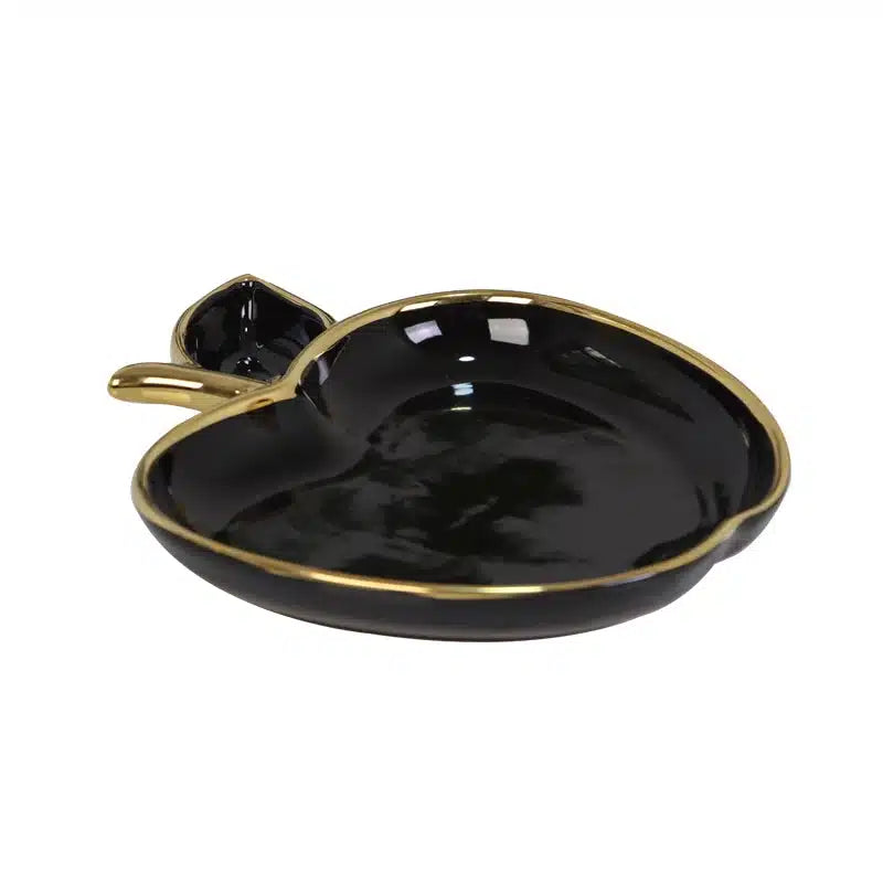 Ceramic Apple Dish with Gold Trim - Black image