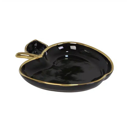 Ceramic Apple Dish with Gold Trim - Black image